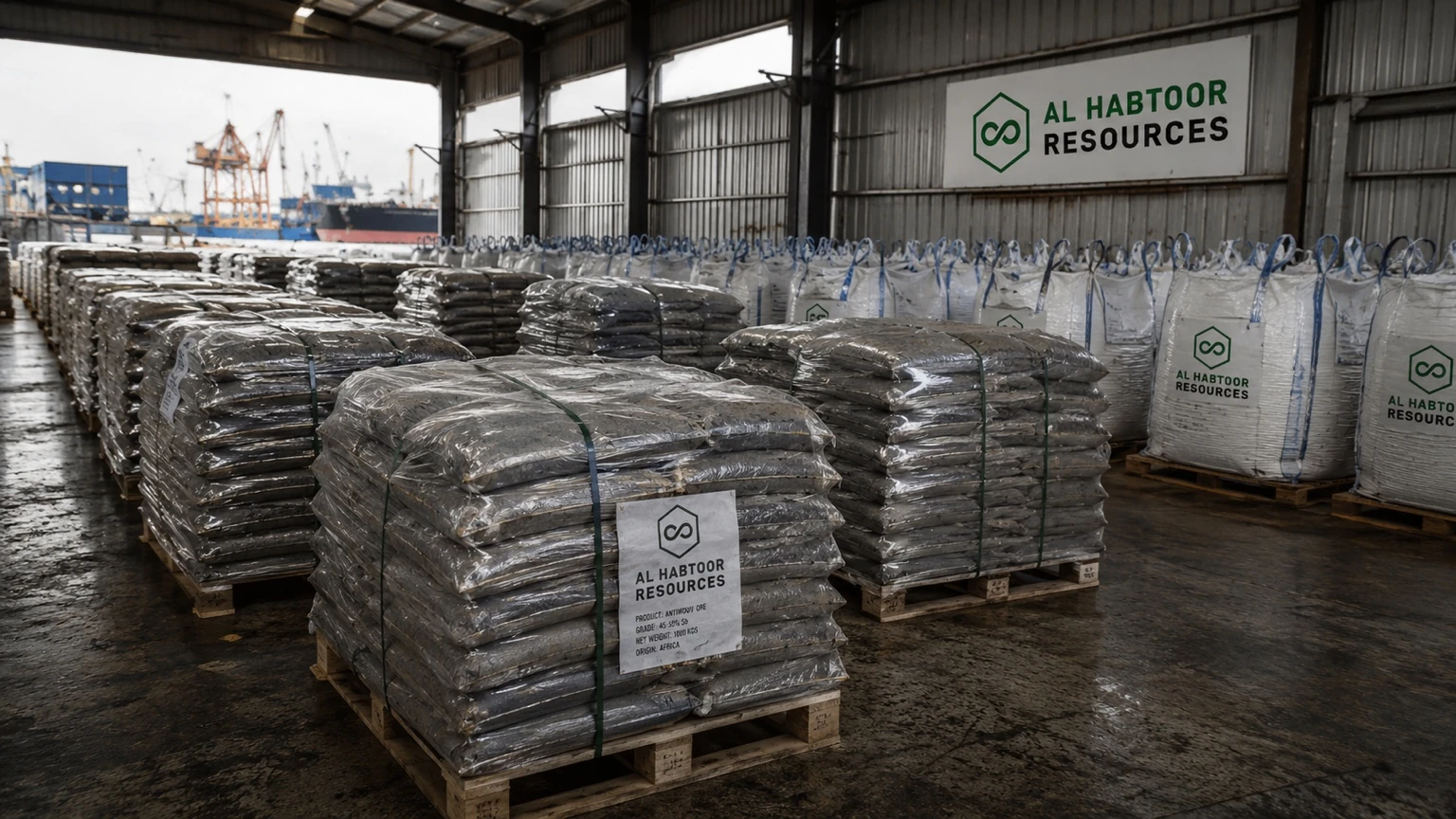 Bagged antimony-related industrial material stored in an organised warehouse environment