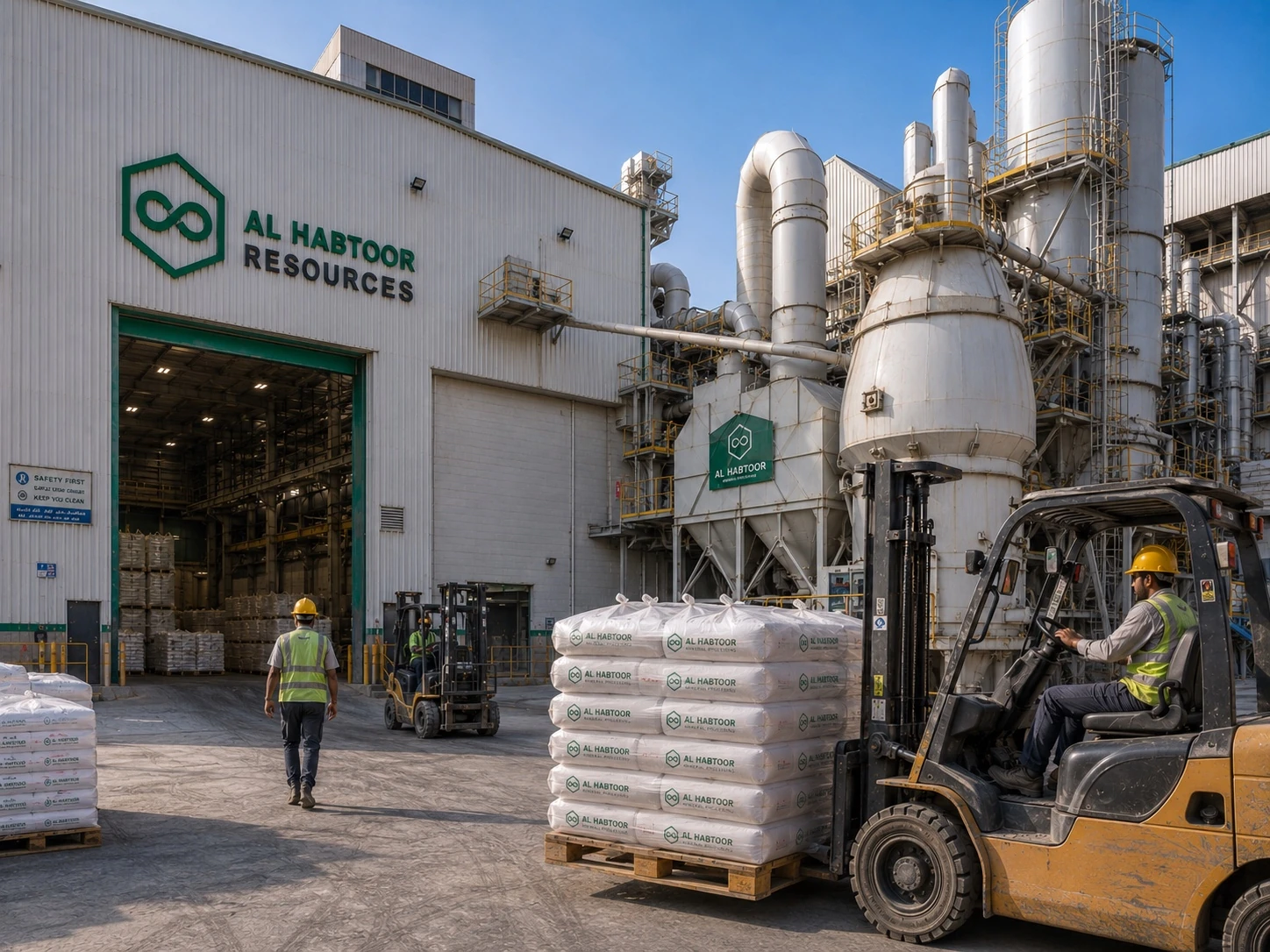 Forklift moving packaged industrial materials outside a warehouse facility