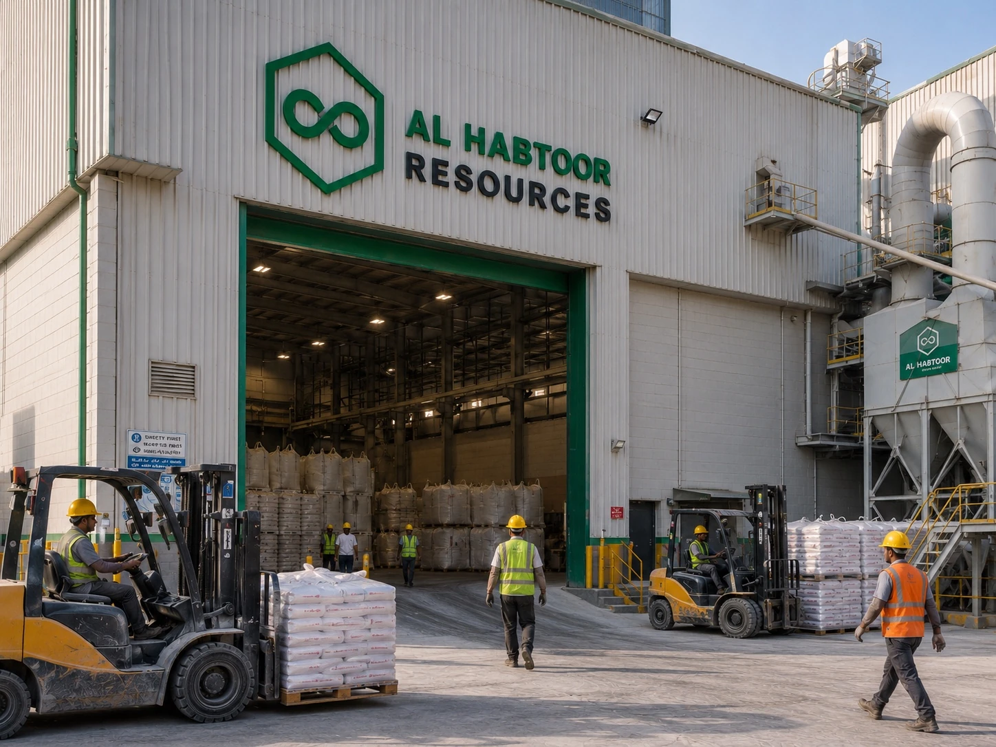 Forklift operating at the entrance of an industrial materials warehouse used for loading and dispatch