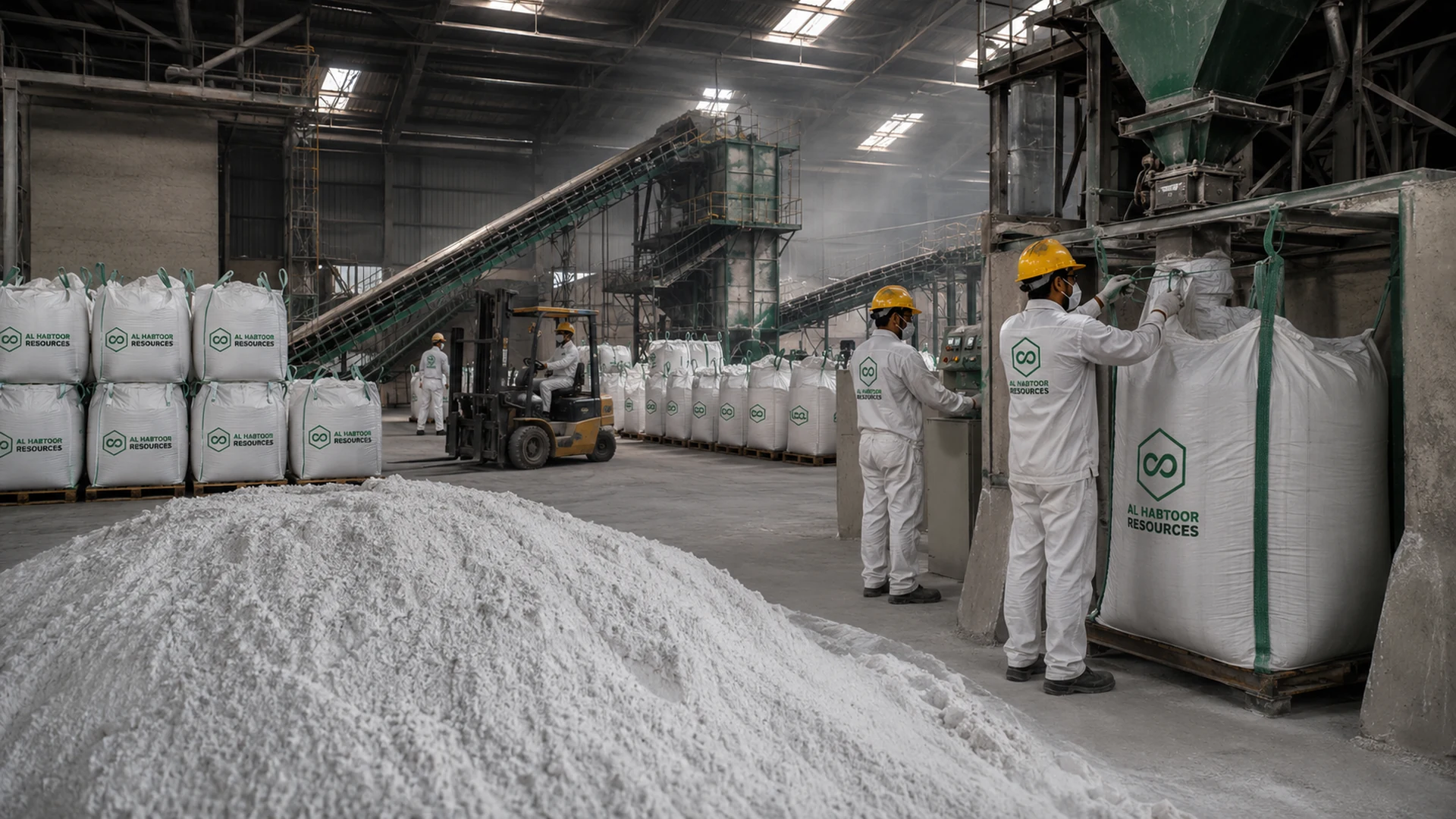 Soda ash facility workers managing industrial packaging operations