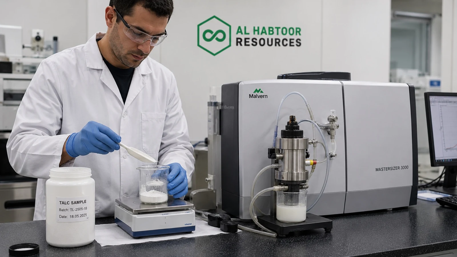 Laboratory technician preparing mineral powder for particle size distribution measurement with a laser diffraction analyser