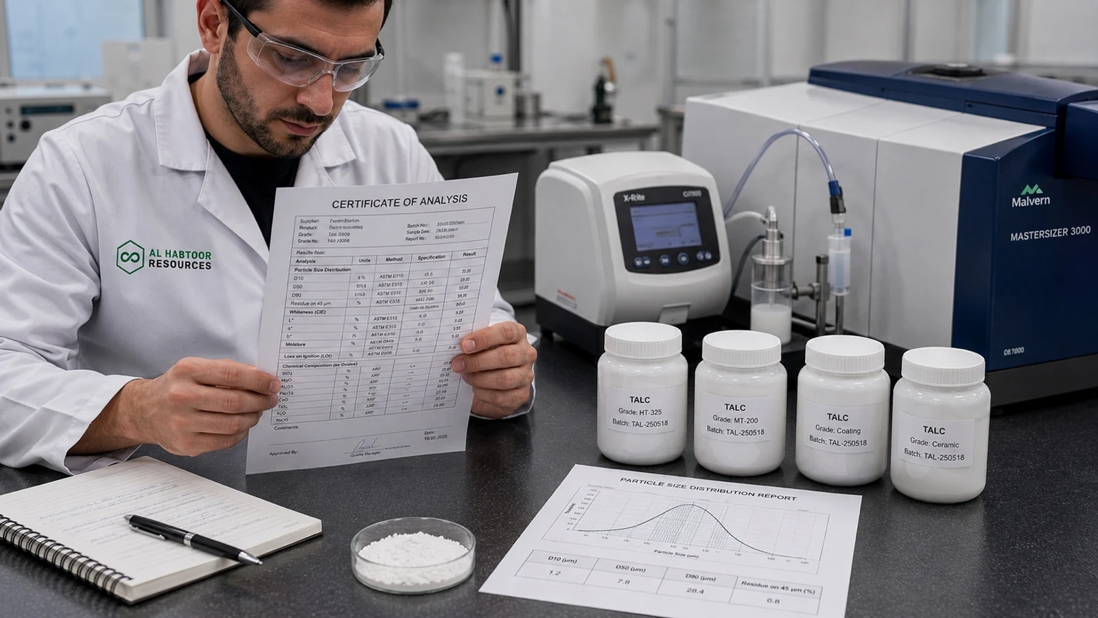 Laboratory quality specialist reviewing a printed talc Certificate of Analysis beside labelled powder samples and test reports