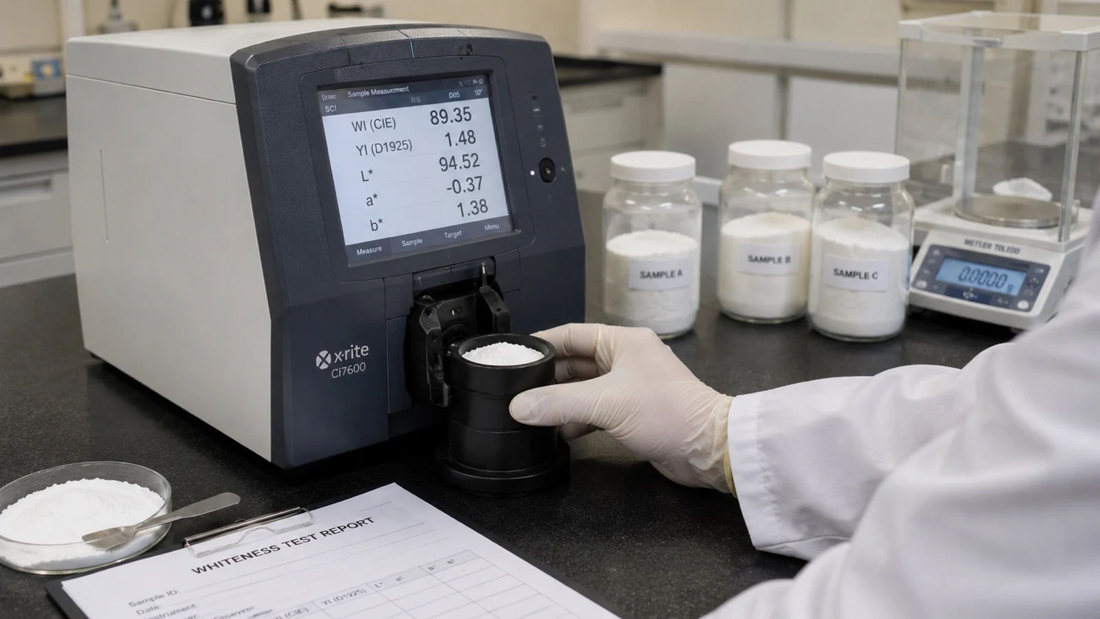 Laboratory technician inserting a prepared white mineral powder sample cup into a bench spectrophotometer while whiteness, yellowness and CIELAB results are displayed