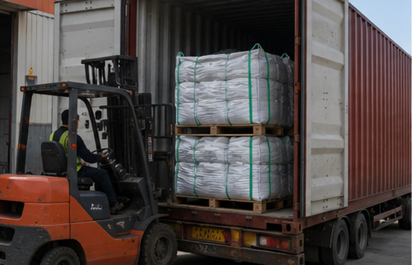 Forklift loading palletized mineral bags into a shipping container at an export warehouse