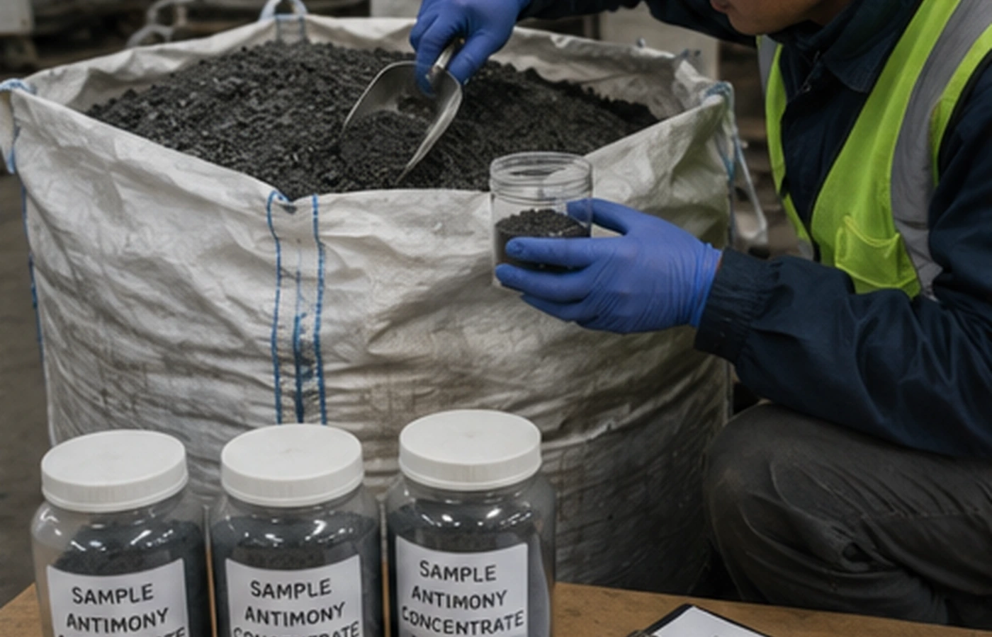 Inspector collecting a representative antimony concentrate sample from a bulk bag with sealed containers nearby