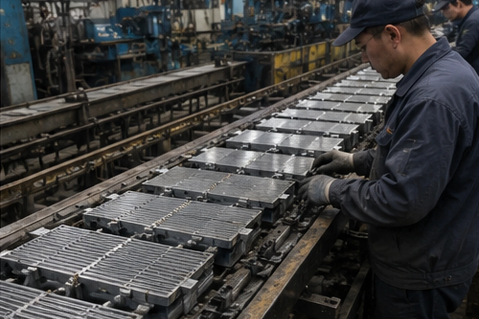 Worker inspecting lead-acid battery grids on a worn industrial manufacturing line