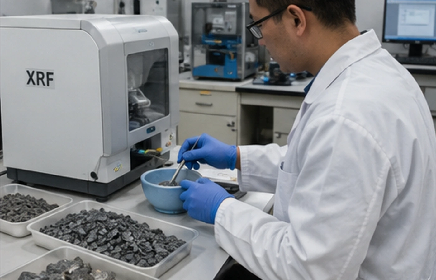 Technician preparing crushed antimony ore samples for XRF or ICP analysis in a working mineral laboratory