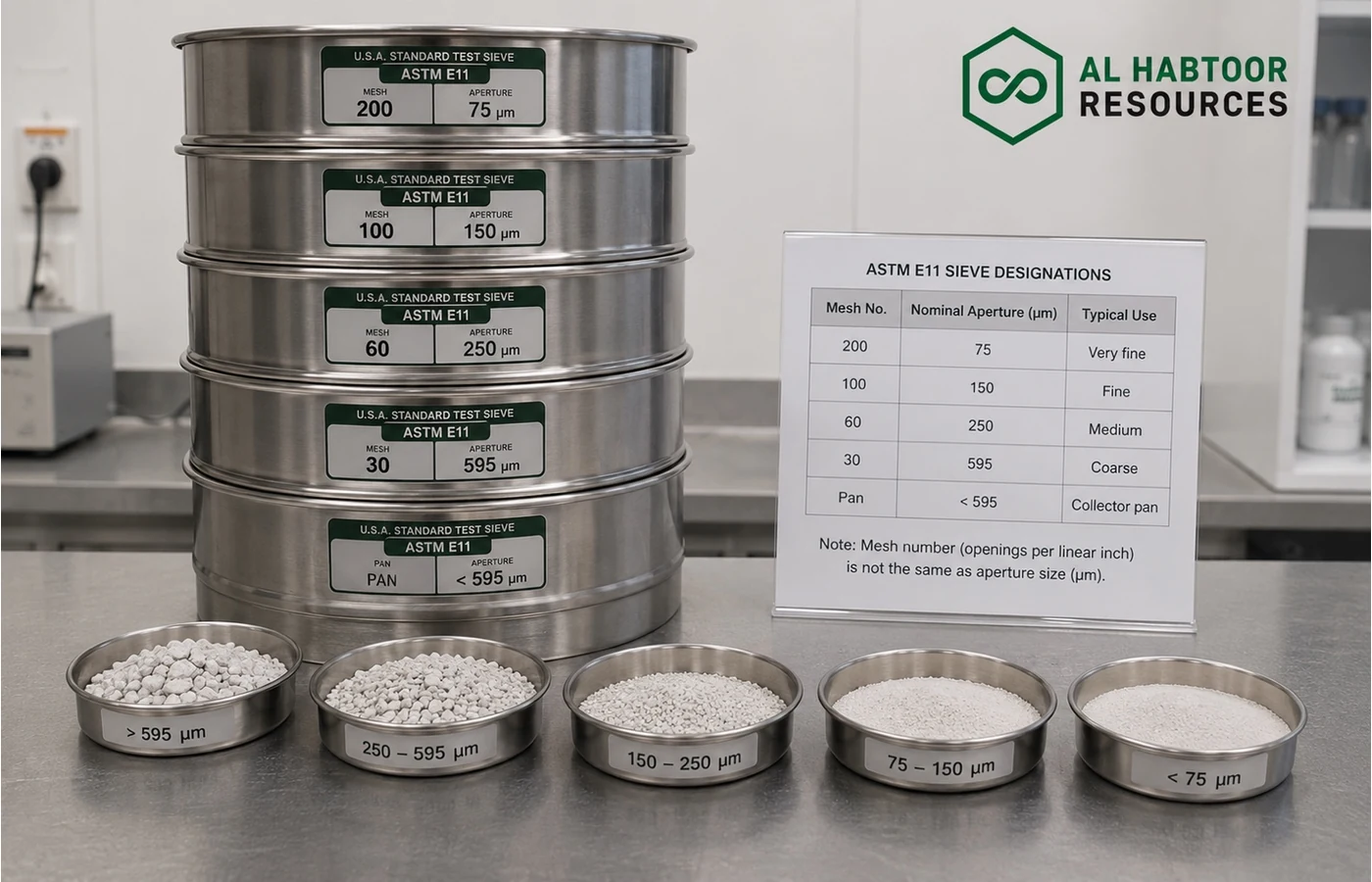 ASTM test sieve stack showing mesh designation, nominal aperture and retained mineral powder fractions