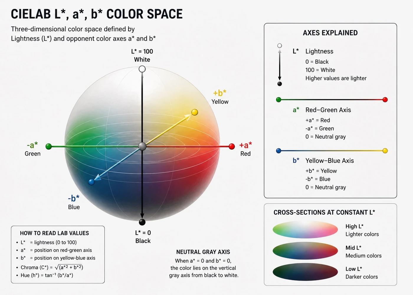 CIELAB three-dimensional colour space with vertical L star lightness axis, horizontal a star red-green axis and b star yellow-blue axis