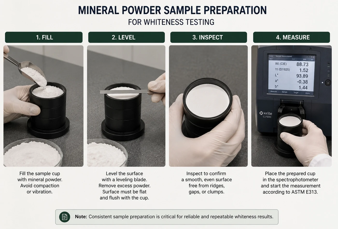 Four-step mineral powder preparation workflow showing filling the sample cup, levelling the surface, inspecting it and measuring it with a spectrophotometer
