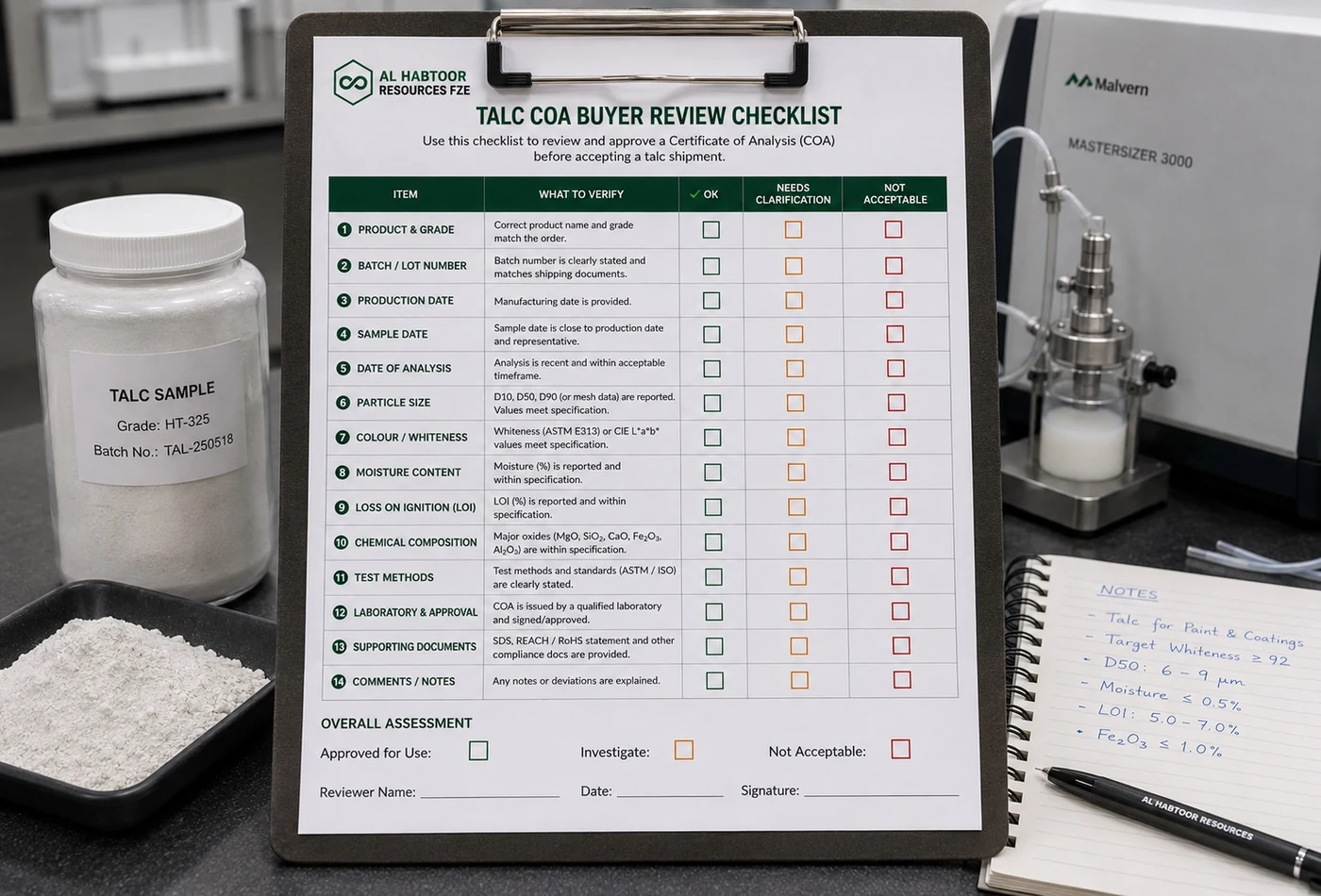 Industrial buyer checklist for reviewing talc product grade, batch, particle size, whiteness, moisture, loss on ignition, chemistry and approval