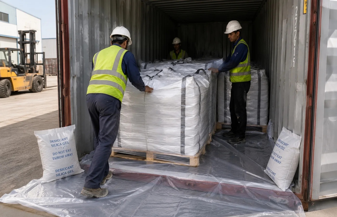 Workers loading palletized talc into an export container with moisture protection
