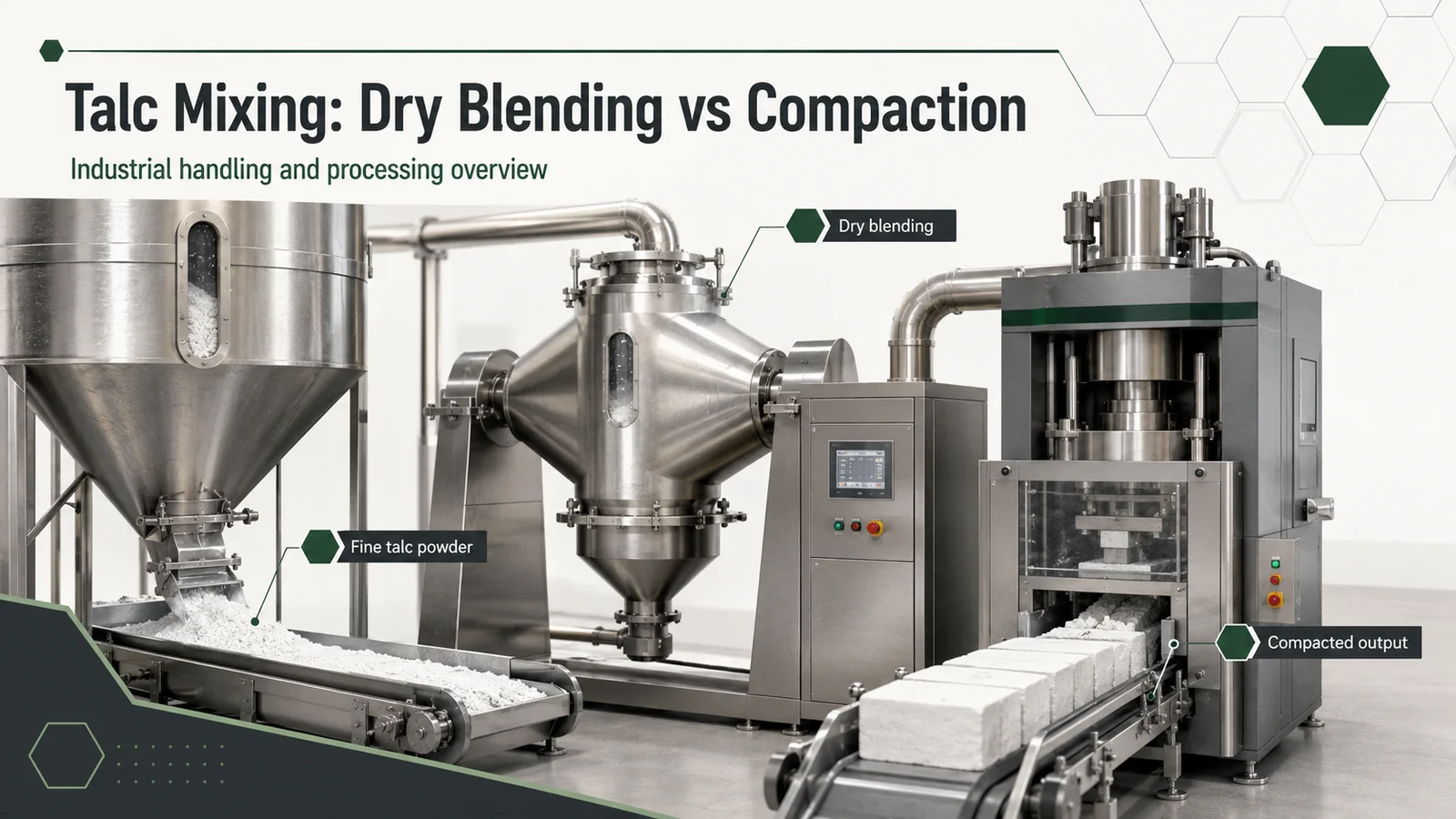 Industrial talc processing overview comparing fine talc powder dry blending and compacted output