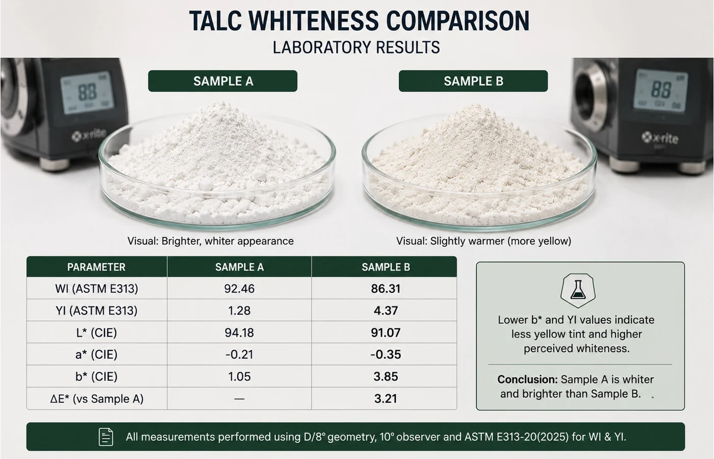 Side-by-side talc laboratory comparison of Sample A and Sample B with whiteness index, yellowness index, CIELAB L star, a star, b star and Delta E results