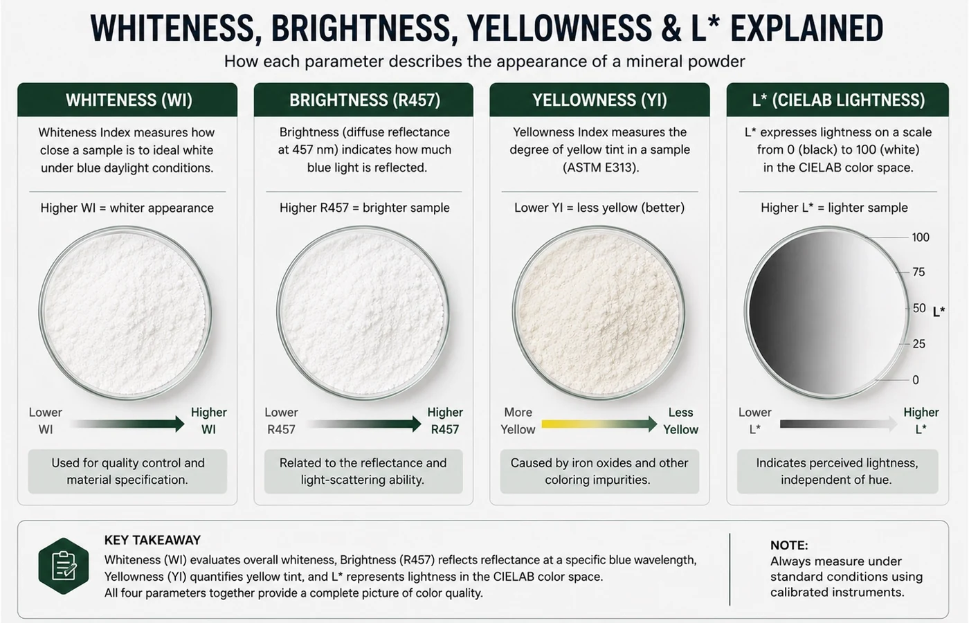Four-panel mineral powder diagram comparing whiteness index, R457 brightness, yellowness index and CIELAB L star lightness